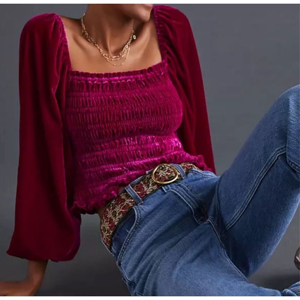 NWT Anthropologie Pink Velvet Smocked Puff Sleeve Top Sz XS $120 C49